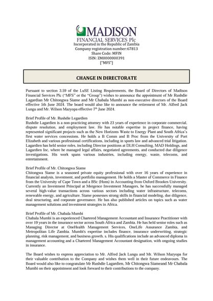 CHANGE IN DIRECTORATE