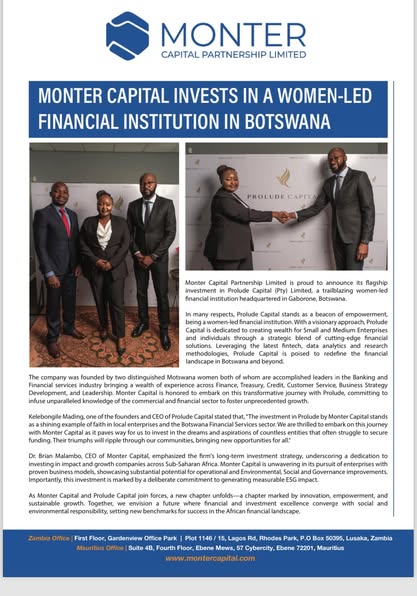 MONTER CAPITAL INVESTS IN A WOMEN-LED FINANCIAL INSTITUTION IN BOTSWANA